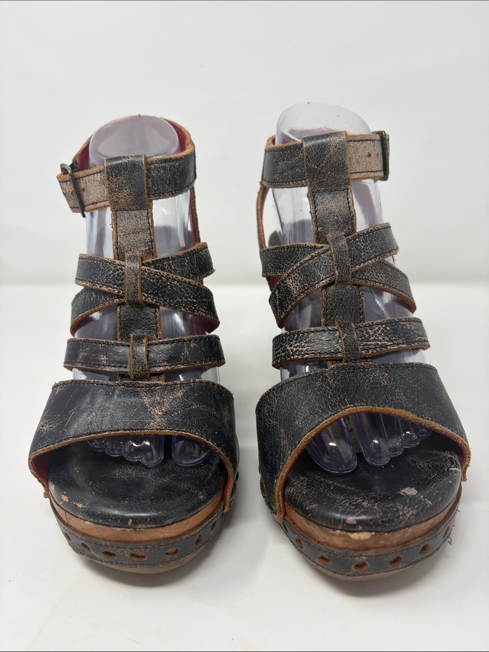 BED|STU Distressed Black Strappy Platform Heeled Sandals Size 8